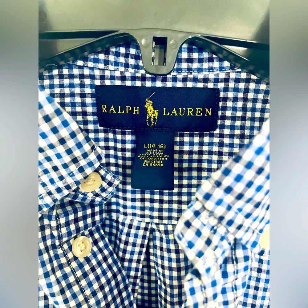 NWOT! Ralph Lauren Boy’s Blue Checkered Gingham Cotton Poplin Shirt Sz L/14-16